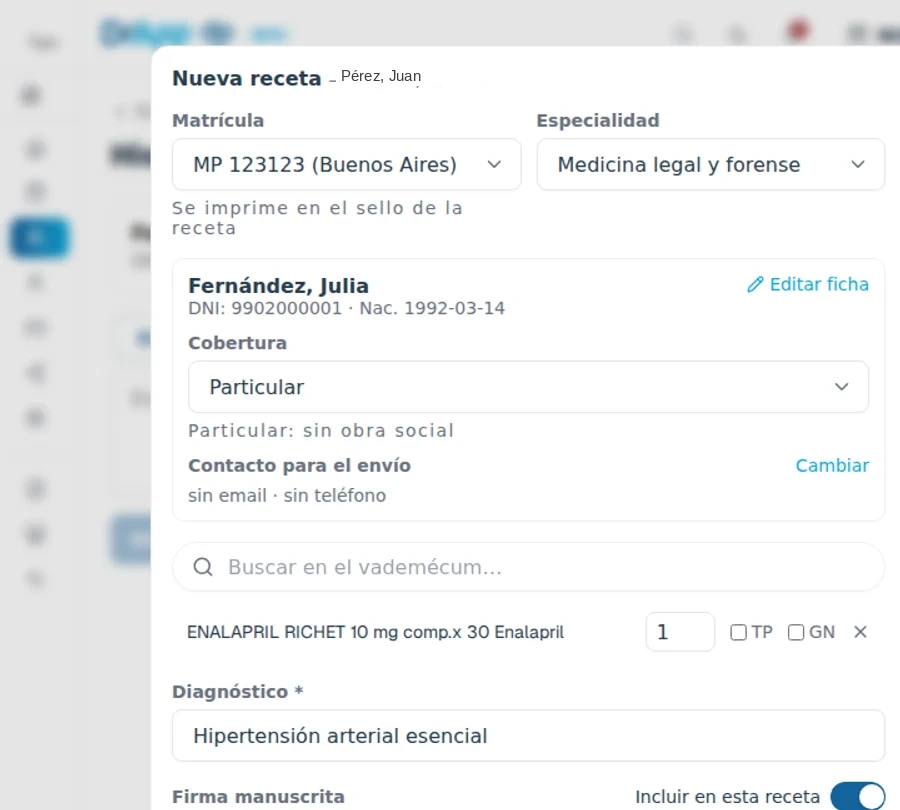 Emisión de una receta electrónica en DrApp, con búsqueda en el vademécum y diagnóstico
